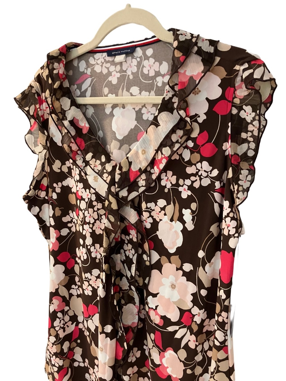 Tommy Hilfiger Brown Floral Ruffle V-Neck Sleeveless Blouse